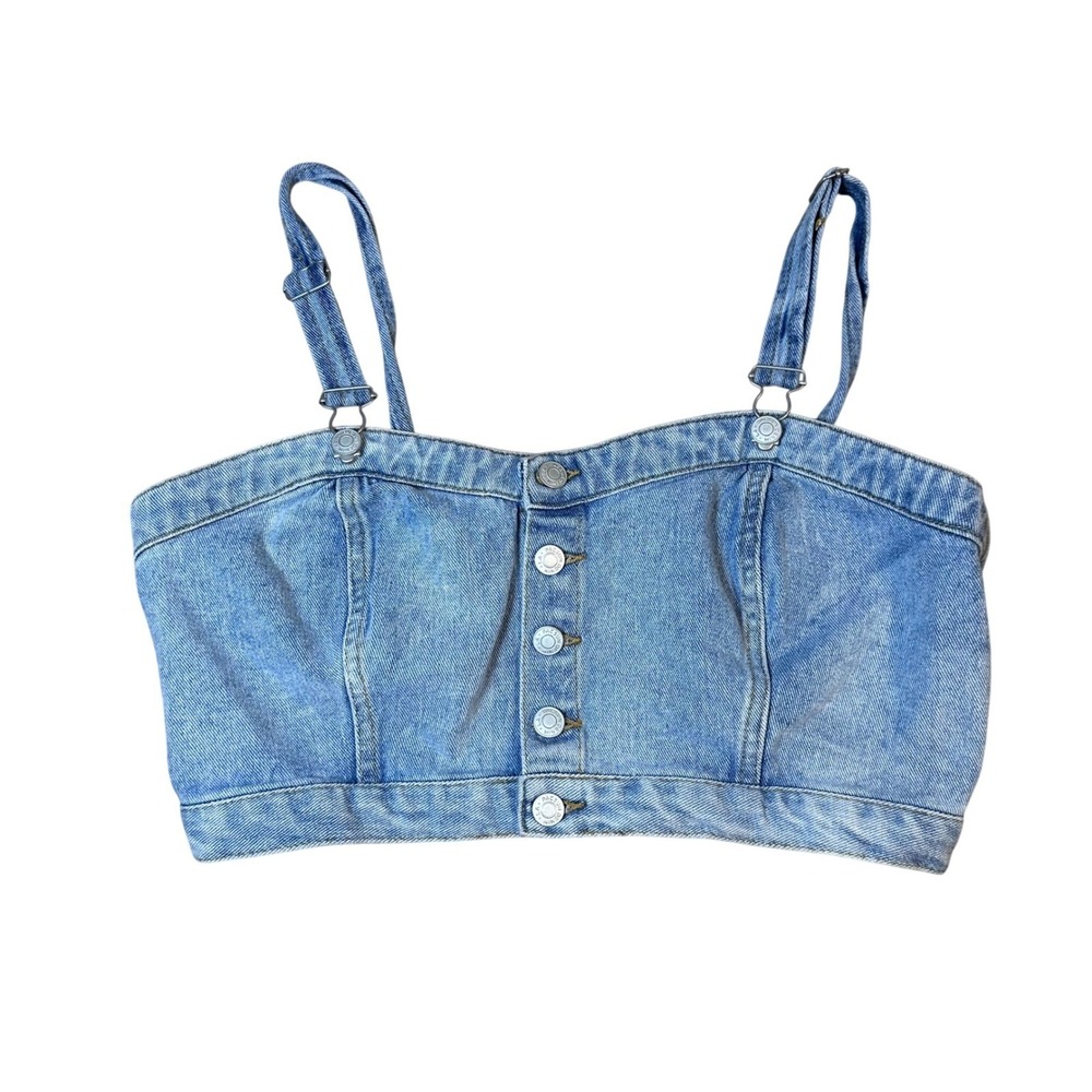 PacSun Womens Light Wash Denim Button Front Bustier Crop Top Blue Large